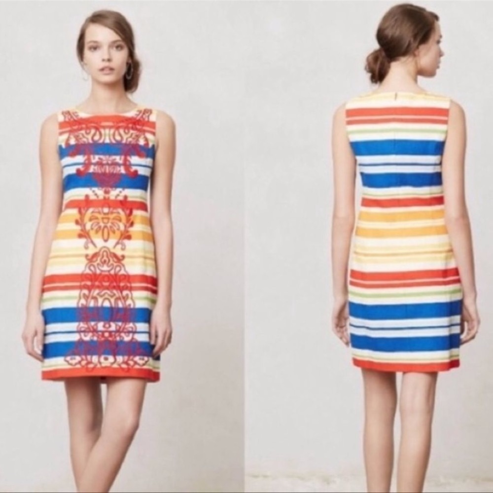 Tabitha by Anthropologie Embroidered Striped Colorful Sheath Dress Rainbow Sz 2